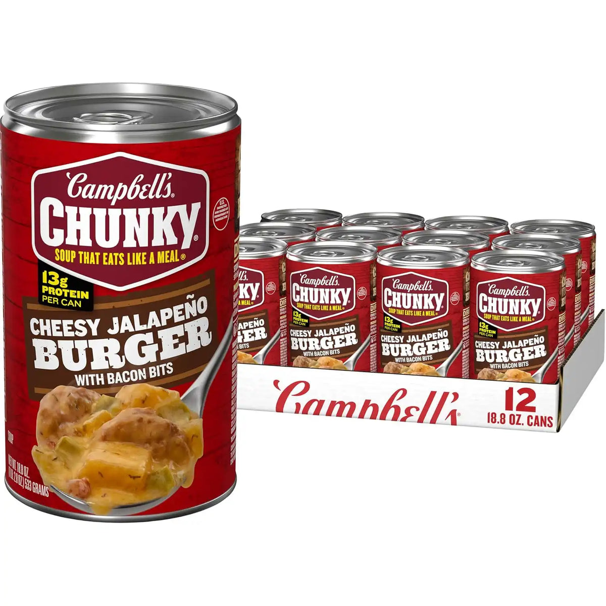Campbell's Chunky Cheesy Jalapeño Burger with Bacon Bits Soup, 18.8 oz Can (12 Pack)